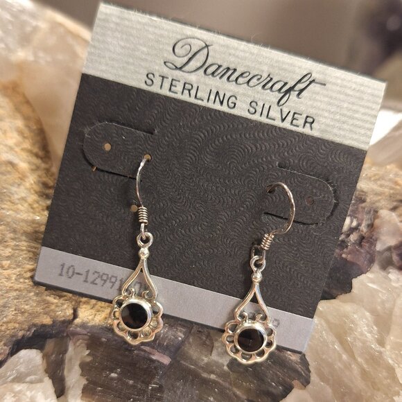 Vintage Sterling Silver with Obsidian Earrings - Picture 1 of 2